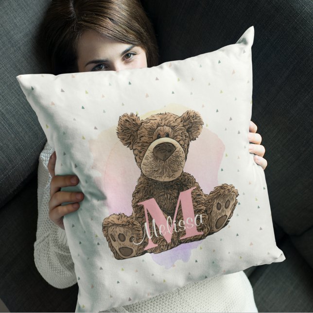  monogram Waterverf Naam Roze Teddy Bear Kussen (Creator heeft geüpload)