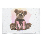  monogram Waterverf Naam Roze Teddy Bear Kussensloop (Voorkant-Links)