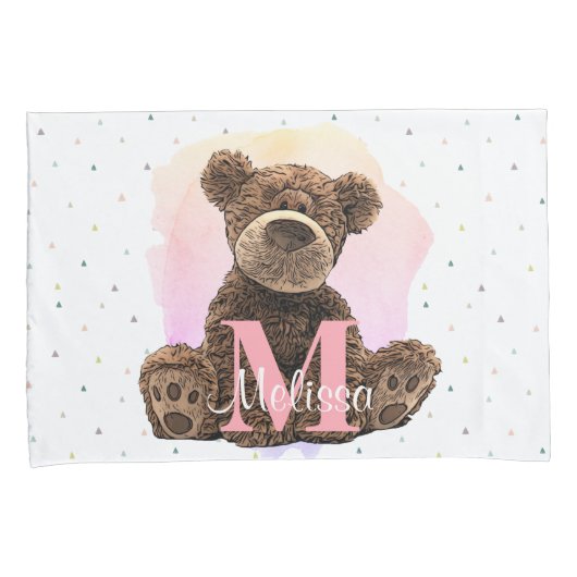 monogram Waterverf Naam Roze Teddy Bear Kussensloop (Voorkant-Rechts)