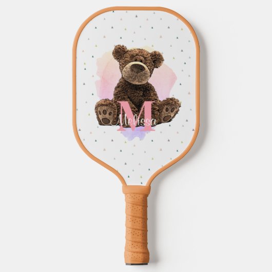  monogram Waterverf Naam Roze Teddy Bear Pickleball Paddle (Voorkant)