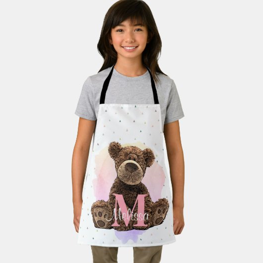  monogram Waterverf Naam Roze Teddy Bear Schort (Insitu)