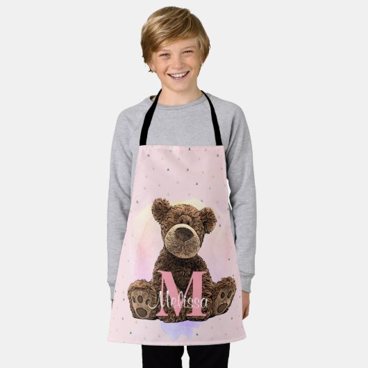 monogram Waterverf Naam Roze Teddy Bear Schort (Gedragen)
