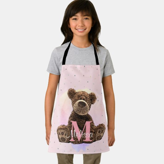 monogram Waterverf Naam Roze Teddy Bear Schort (Insitu)