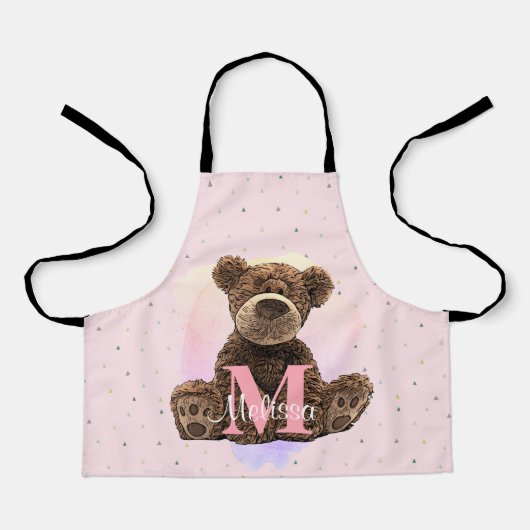  monogram Waterverf Naam Roze Teddy Bear Schort (Voorkant)
