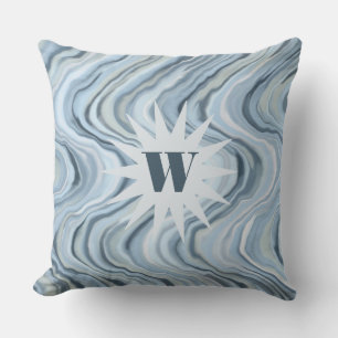 Monogram waterverf nautisch blauw grijs streepgolf kussen
