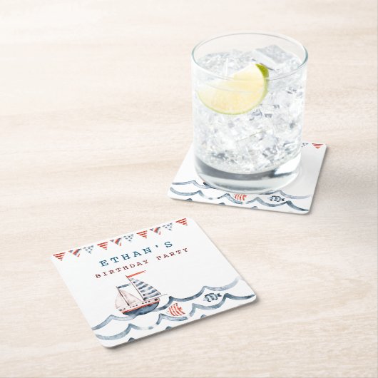 monogram waterverf-nautische verjaardagsfeest kartonnen onderzetters (Insitu)