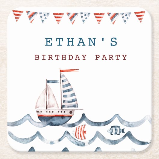 monogram waterverf-nautische verjaardagsfeest kartonnen onderzetters (Voorkant)