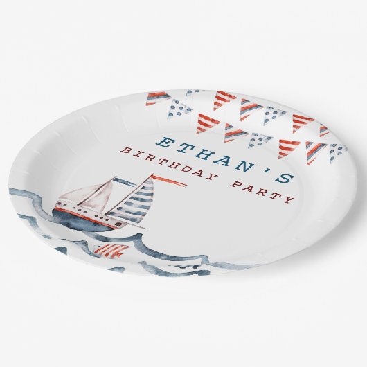 monogram waterverf-nautische verjaardagsfeest papieren bordje (Gekanteld)