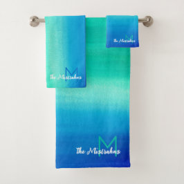 Monogram Waterverf Ocean Blue Green Ombre Beach Bad Handdoek