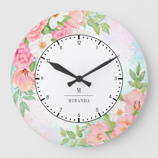 Monogram Waterverf Ombre Floral Greenery Pink Grote Klok (Voorkant)
