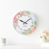 Monogram Waterverf Ombre Floral Greenery Pink Grote Klok (Huis)