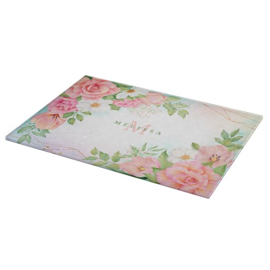 Monogram Waterverf Ombre Floral Greenery Pink Snijplank (Hoek)