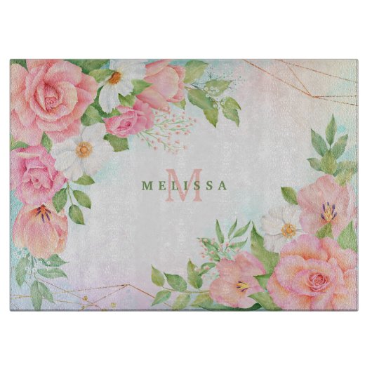 Monogram Waterverf Ombre Floral Greenery Pink Snijplank (Voorkant)