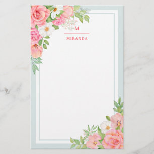 Monogram Waterverf Ombre Floral Greenery Roos Briefpapier