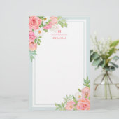 Monogram Waterverf Ombre Floral Greenery Roos Briefpapier (Staand voorkant)