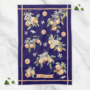 Monogram Waterverf Oranje Bloemige Botanische Theedoek