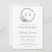 Monogram Waterverf Paarse Floral Wreath Wedding Kaart (Voorkant)