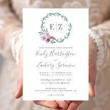 Monogram Waterverf Paarse Floral Wreath Wedding