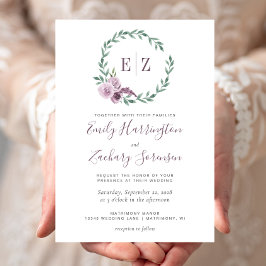 Monogram Waterverf Paarse Floral Wreath Wedding Kaart