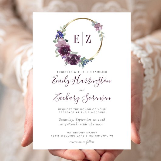 Monogram Waterverf Paarse Floral Wreath Wedding Kaart