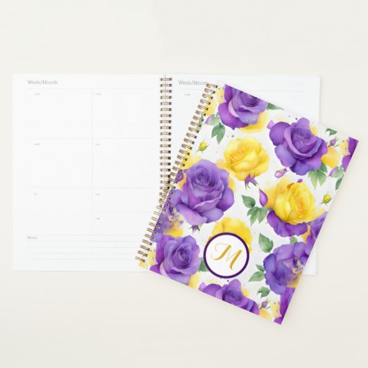Monogram Waterverf Paarse Gele Roos Planner (Display)