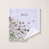 Monogram Waterverf Paarse Wildbloemen Bad Handdoek (Wasdoekje)
