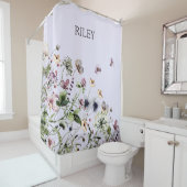 Monogram Waterverf Paarse Wildbloemen Douchegordijn (In situ)