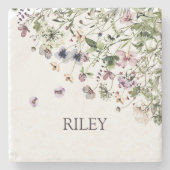 Monogram Waterverf Paarse Wildbloemen Stenen Onderzetter (Voorkant)