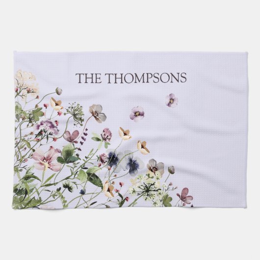 Monogram Waterverf Paarse Wildbloemen Theedoek (Horizontaal)