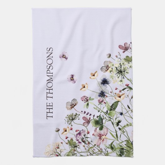 Monogram Waterverf Paarse Wildbloemen Theedoek (Verticaal)