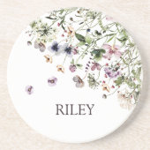 Monogram Waterverf Paarse Wildbloemen Zandsteen Onderzetter (Voorkant)