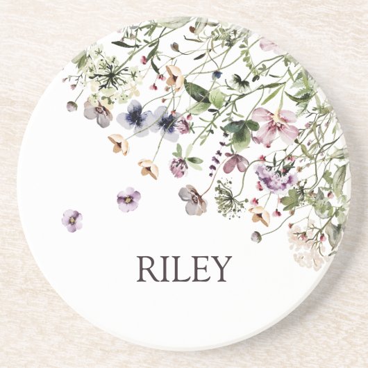 Monogram Waterverf Paarse Wildbloemen Zandsteen Onderzetter (Voorkant)