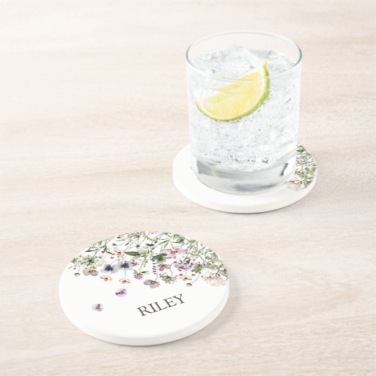 Monogram Waterverf Paarse Wildbloemen Zandsteen Onderzetter (Zijkant)