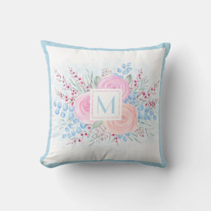 Monogram Waterverf Pastel Roses Blue Leaves Kussen