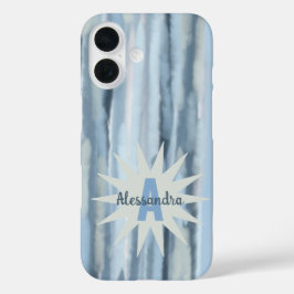Monogram waterverf pastel strepen blauw marinegrij iPhone 16 hoesje
