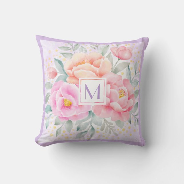 Monogram Waterverf Peonies Rozen Roze Floral Boho Kussen (Voorkant)
