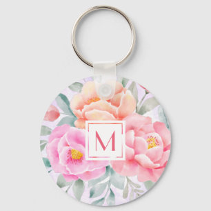 Monogram Waterverf Peonies Rozen Roze Floral Boho Sleutelhanger
