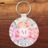 Monogram Waterverf Peonies Rozen Roze Floral Boho Sleutelhanger (Voorkant)