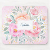 Monogram Waterverf Peonies Rozen Roze Floral Muismat (Voorkant)