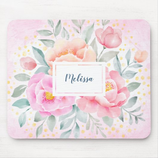 Monogram Waterverf Peonies Rozen Roze Floral Muismat (Voorkant)