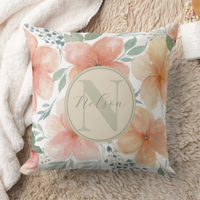 Monogram Waterverf Perzik Floral Sierkussen (Deken)