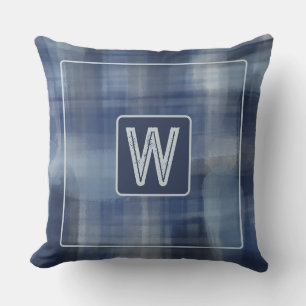 Monogram waterverf plaid blauw marinegrijs tartan kussen