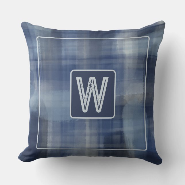 Monogram waterverf plaid blauw marinegrijs tartan kussen (Voorkant)