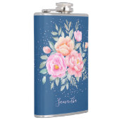 Monogram Waterverf Ponies Rozen Roze Blauwe Floral Heupfles (Rechts)