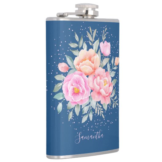 Monogram Waterverf Ponies Rozen Roze Blauwe Floral Heupfles (Rechts)