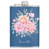 Monogram Waterverf Ponies Rozen Roze Blauwe Floral Heupfles (Voorkant)