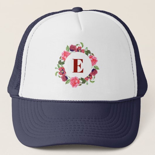 Monogram Waterverf Rood & Roze bloemkrans Trucker Pet (Voorkant)