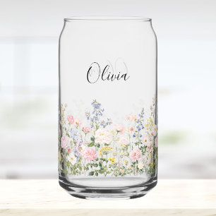 Monogram Waterverf Roze Blauwe Bloemen Bloemstuk Blikvorm Glas
