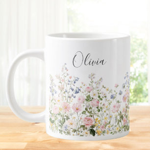 Monogram Waterverf Roze Blauwe Bloemen Bloemstuk  Grote Koffiekop
