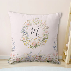 Monogram Waterverf Roze Blauwe Bloemen Bloemstuk  Kussen